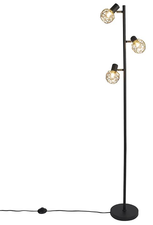 Lampada da terra di design nera con oro 3 luci orientabili - Mesh