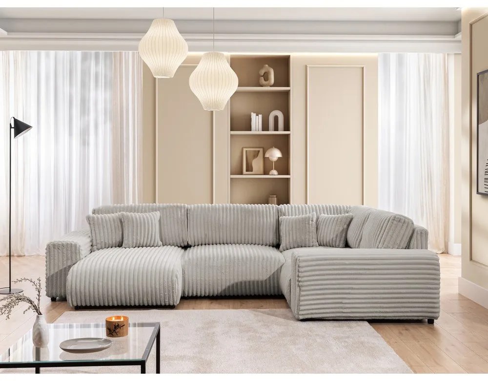Divano angolare grigio chiaro (con penisola a destra/a U) rivestito in velluto a coste Justin – Ropez