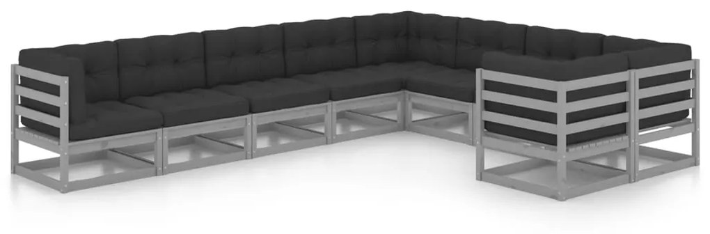 Set divani da giardino 9 pz grigio cuscini massello di pino