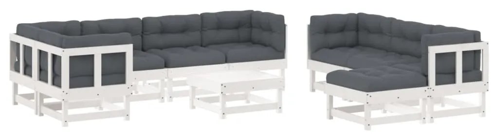 Set Divani da Giardino 10 pz con Cuscini Legno Massello Bianco