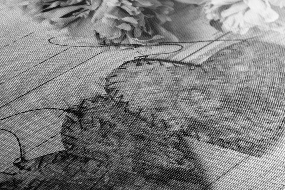 Stampa su tela – Peonie e cuoricini di betulla in bianco e nero