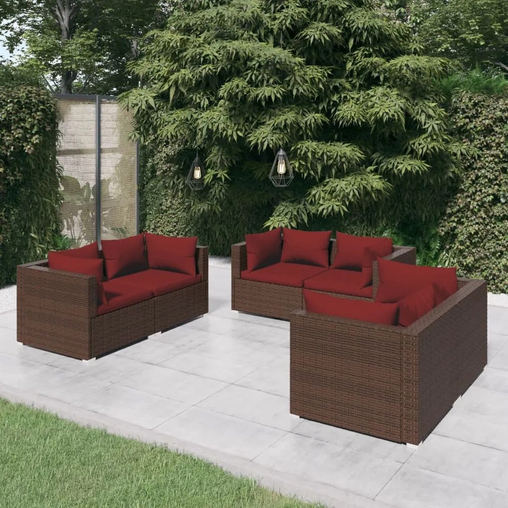 Set divani da giardino 6 pz con cuscini in polyrattan marrone