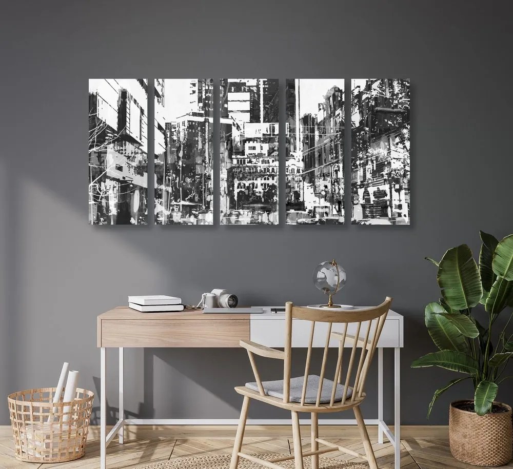 Quadri 5 pezzi – Panorami urbani astratti in bianco e nero