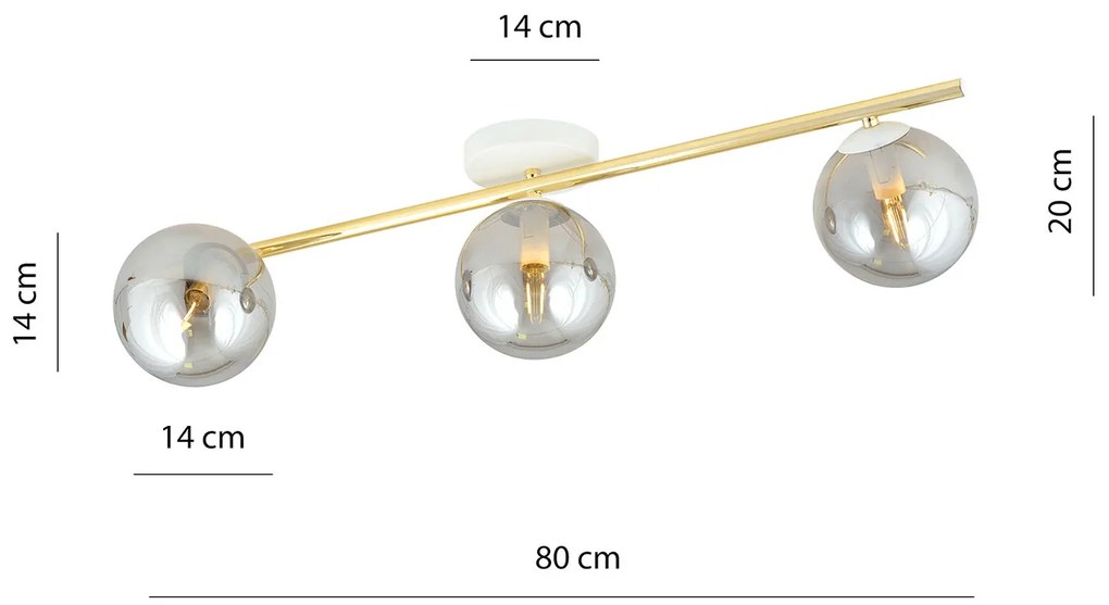 Plafoniera Contemporanea 3 Luci Eracle In Acciaio Oro/Bianco E Sfere Vetro Fumè