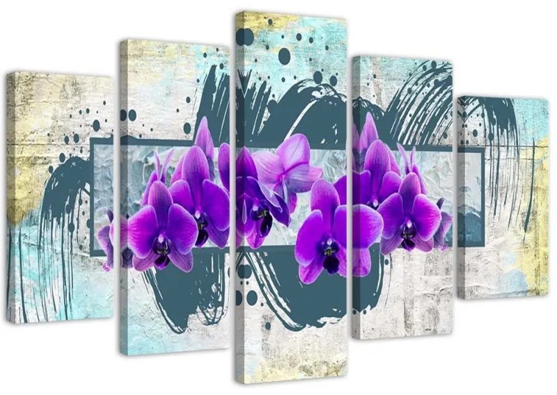 Quadri Quadro 5 pezzi Stampa su tela Orchidea fiore viola  Dimensioni Tappeti 100x70