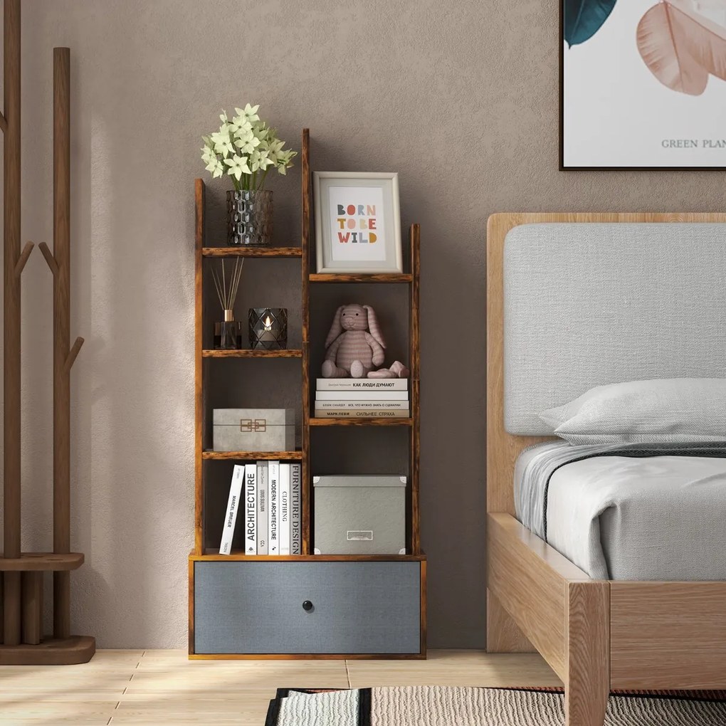 Costway Libreria a 7 piani con cassetto 7 scomparti, Libreria espositiva in legno da 118 cm per soggiorno