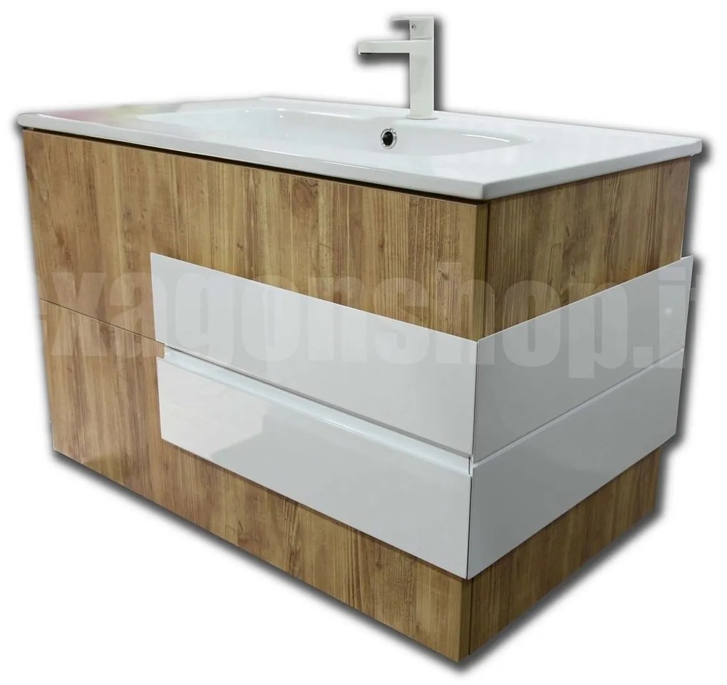 Mobile bagno rovere 80x45 Sirio due cassetti con maniglie bianche e Lavabo in ceramica