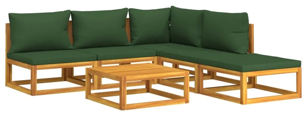 Set salotto da giardino 6pz con cuscini verdi in legno massello