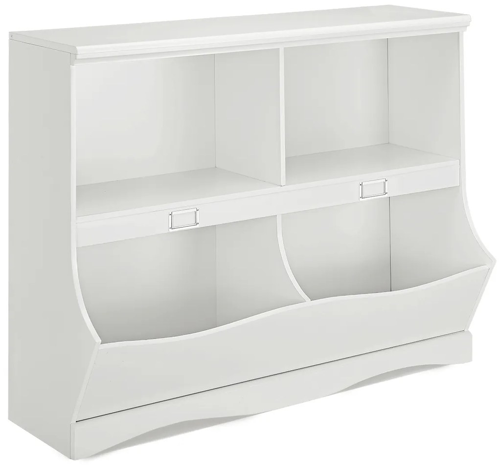 Costway Mobile porta giocattoli con 2 vani e 2 contenitori, Organizer giochi per bambini in legno 105x39,5x83,5cm Bianco