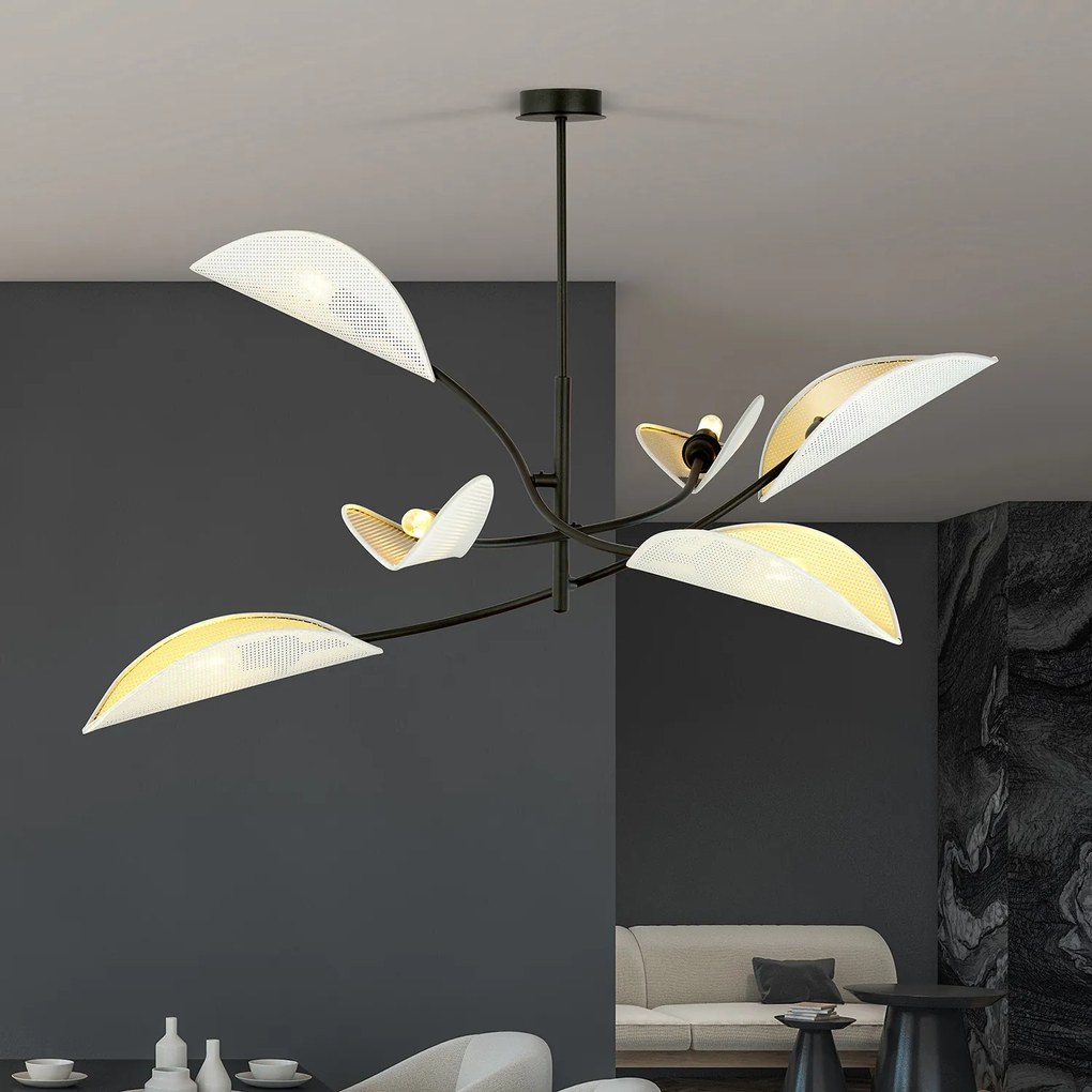 Sospensione Nordica 6 Luci Ares In Acciaio Nero Bianco E Oro Bracci Regolabili