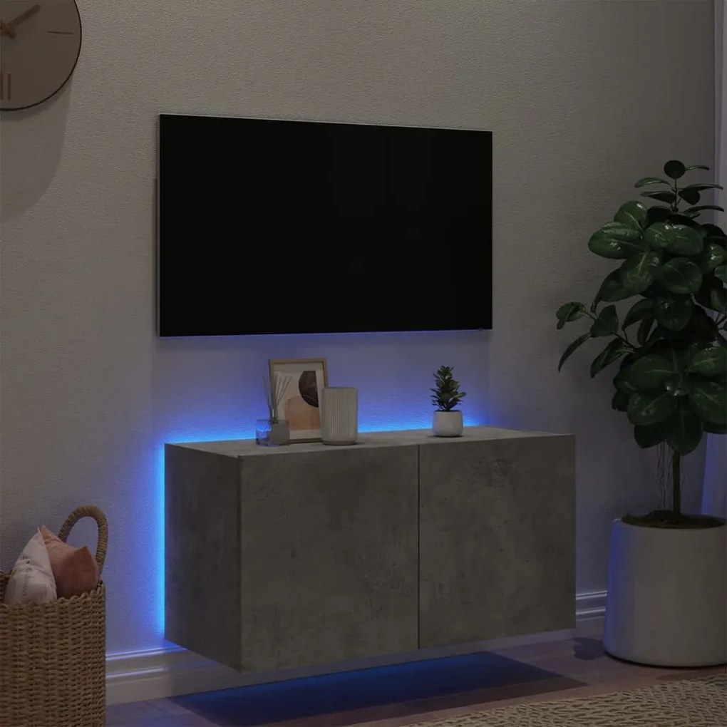 Mobile tv a parete con luci led grigio cemento 80x35x41 cm