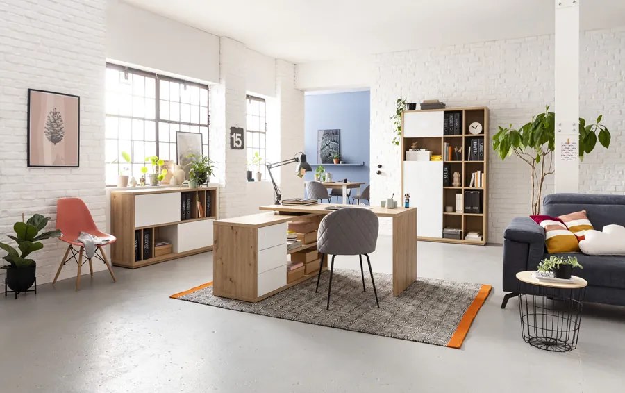 Ufficio completo composto da madia, scrivania e libreria, finitura Rovere e Bianco laccato