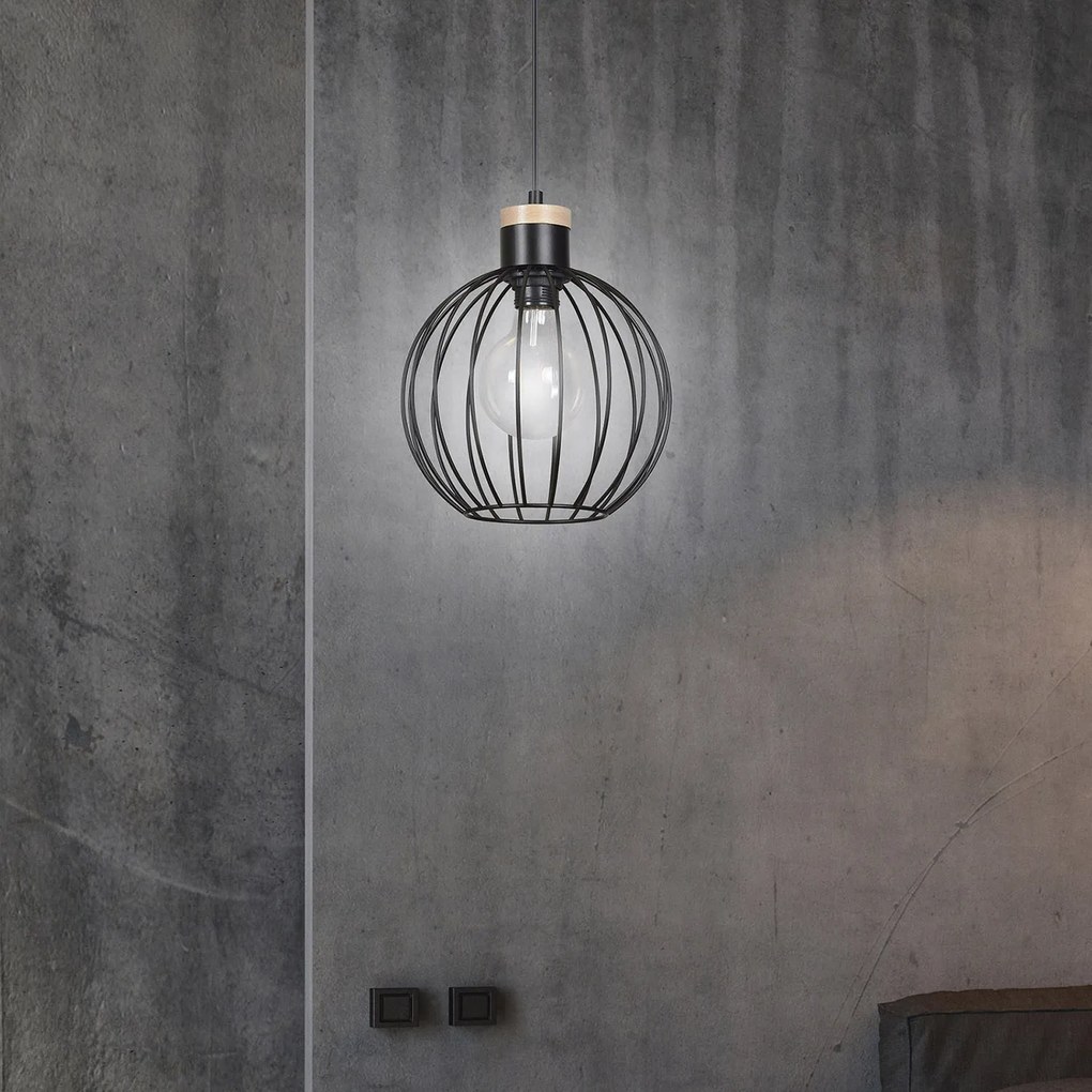 Sospensione 1 Luce Morgana Paralume A Gabbia In Acciaio Nero E Legno Naturale