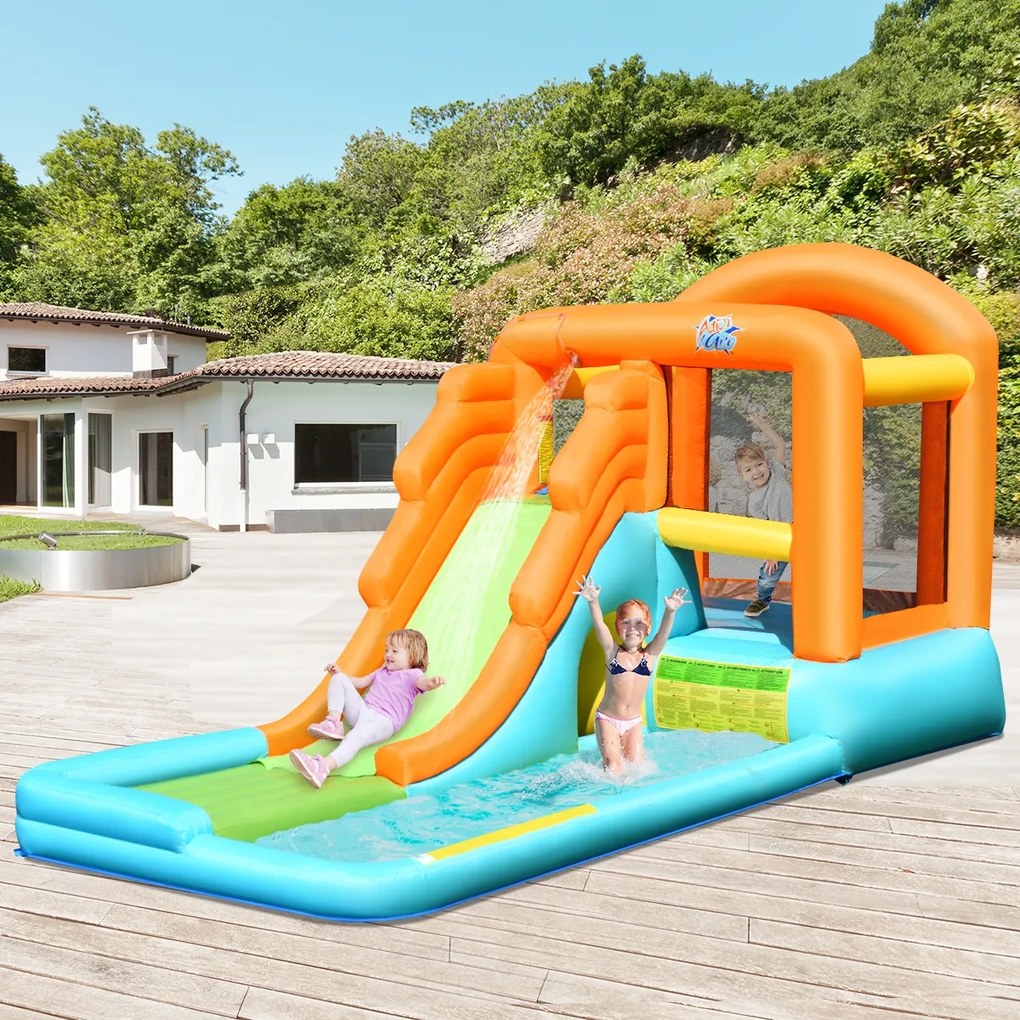 Costway Castello gonfiabile con scivolo ad acqua area e piscina 490x225x240cm, Parco acquatico gonfiabile per bambini