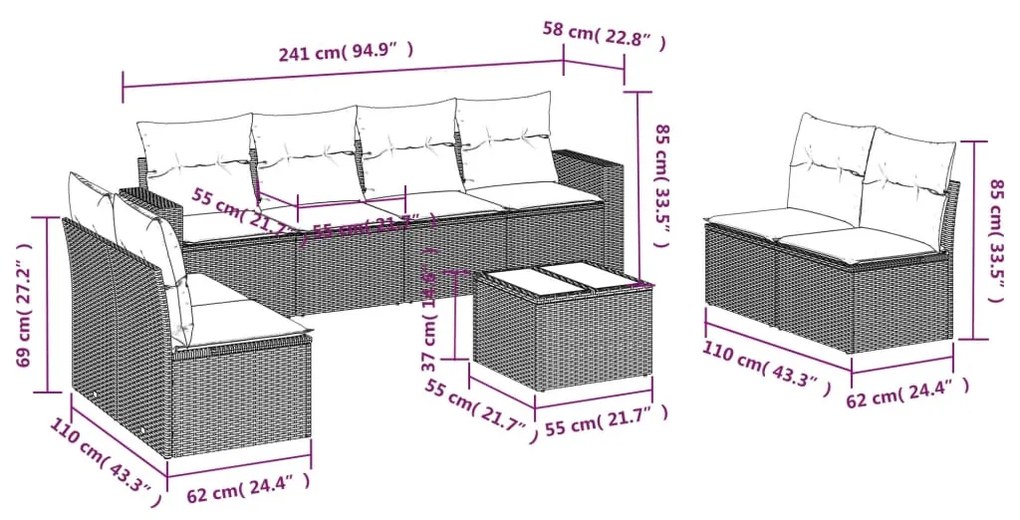 Set divani da giardino 9 pz con cuscini nero in polyrattan