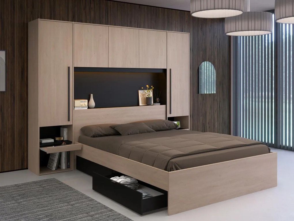 Letto con vani portaoggetti e LED 160 x 200 cm Naturale e Nero - VELONA