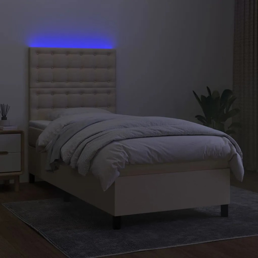 Letto a molle con materasso e led crema 80x200 cm in tessuto