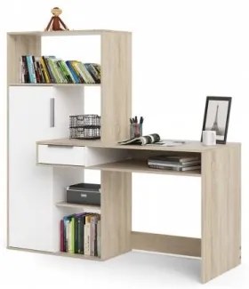 Scrivania multifunzione con libreria, cassetto e anta, colore bianco e rovere, cm 162 x 155 x 60, Con imballo rinforzato