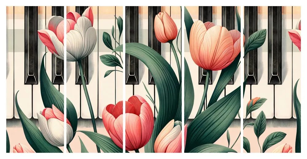Quadri 5 pezzi – Pianoforte e tulipani in sinfonia floreale