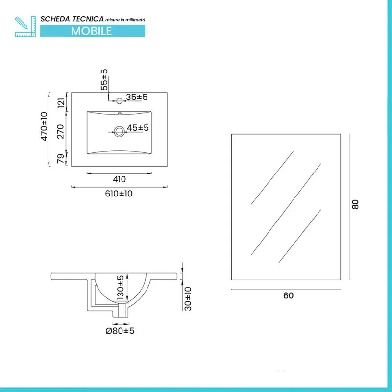 Mobile bagno sospeso 60cm azzurro polvere con cassetti lavabo e specchio Elva