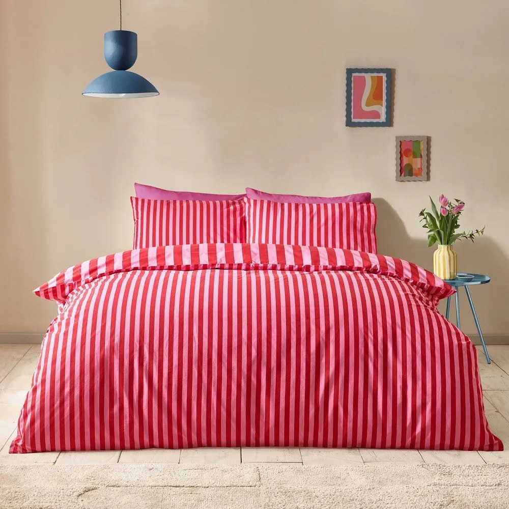 Set copripiumino e federa rosso/rosa per letto matrimoniale 3 pezzi 200x200 cm Stripe Tease – Sassy B
