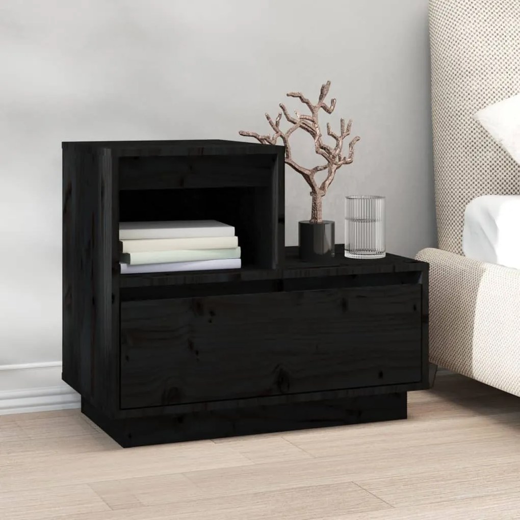 Comodino Nero 60x34x51 Cm İn Legno Massello Di Pino /