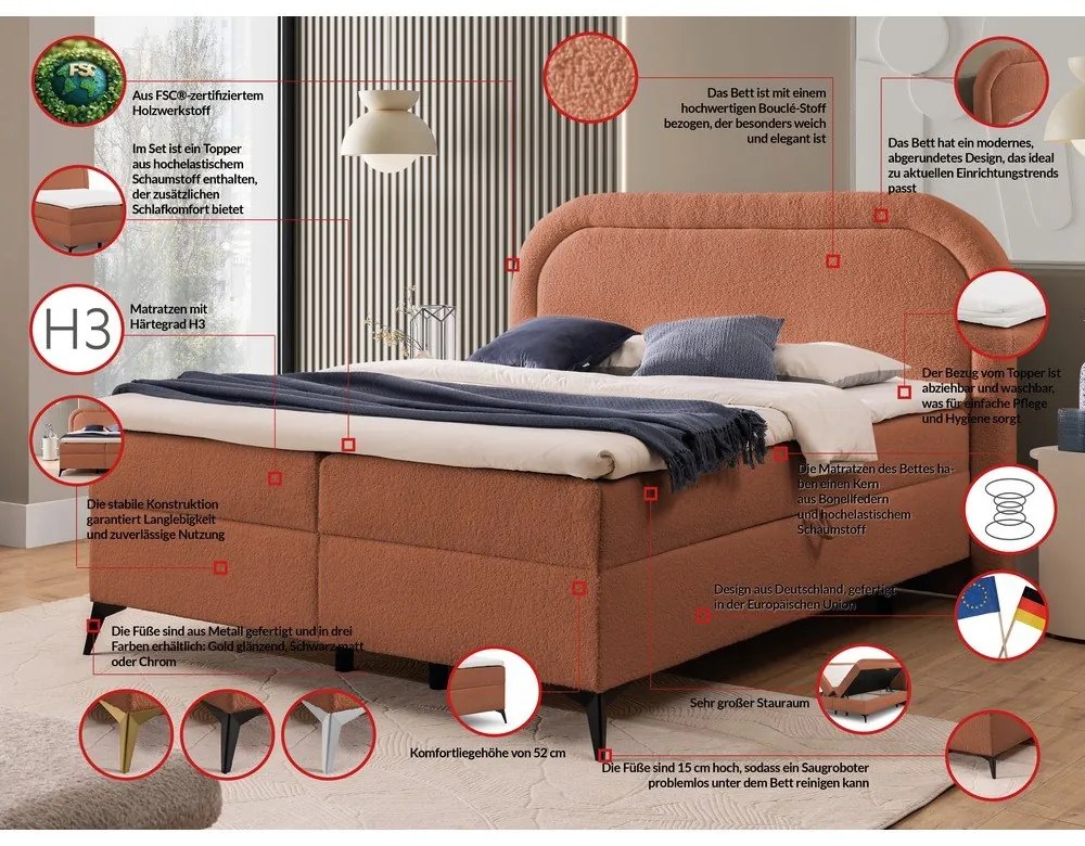 Letto boxspring arancione con contenitore 200x200 cm Ornes – Ropez