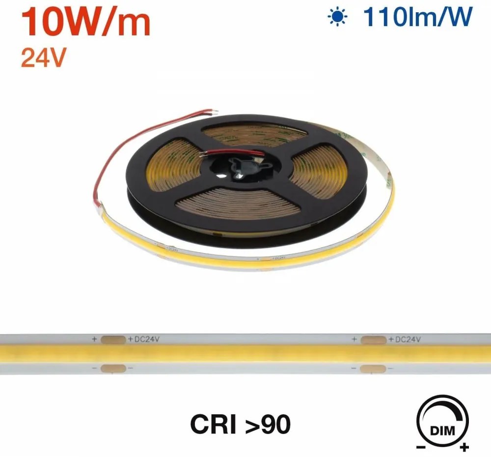 Striscia LED COB 10W/m, 24VDC, IP20, 5m Luce Continua Colore  Bianco Caldo 2.700K