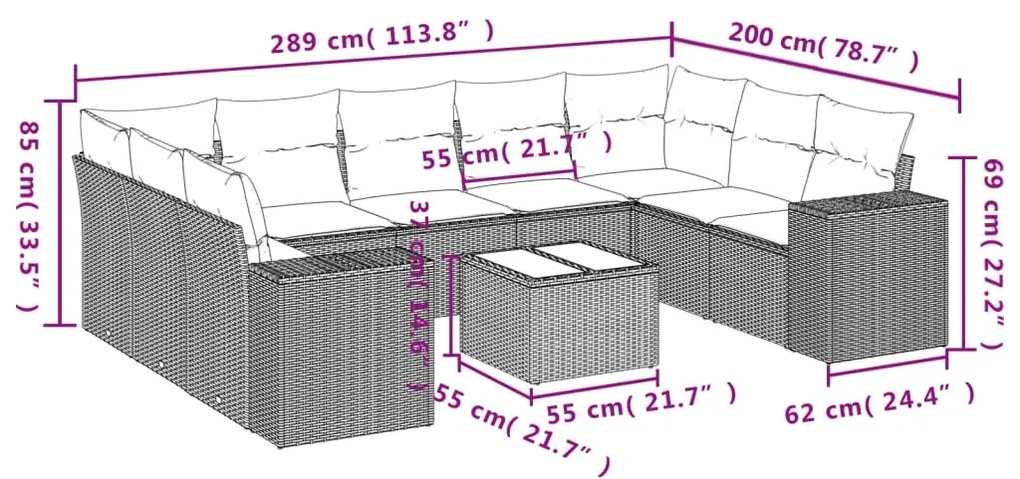 Set divani da giardino 10pz con cuscini in polyrattan nero