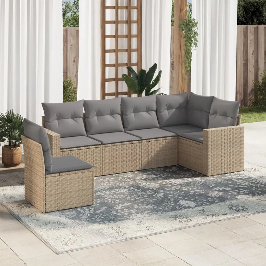 Set Divano da Giardino 6 pz con Cuscini Beige in Polyrattan