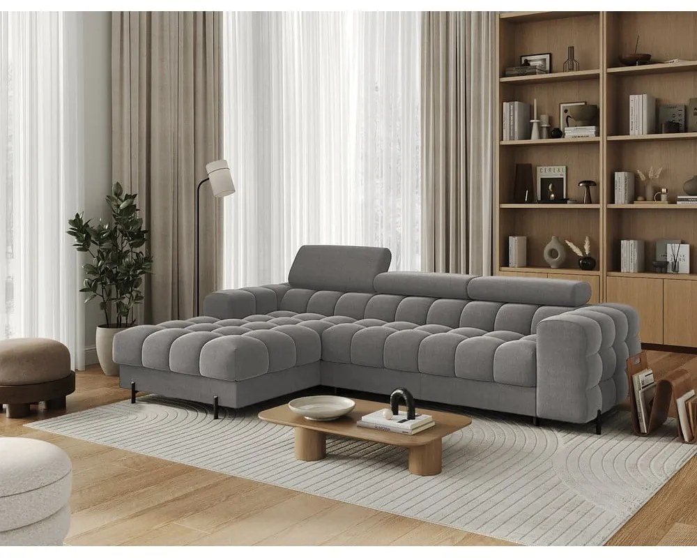 Divano angolare grigio tortora allungabile/con contenitore (con penisola a sinistra/con chaise lounge) con rivestimento in velluto Felro – ELTAP