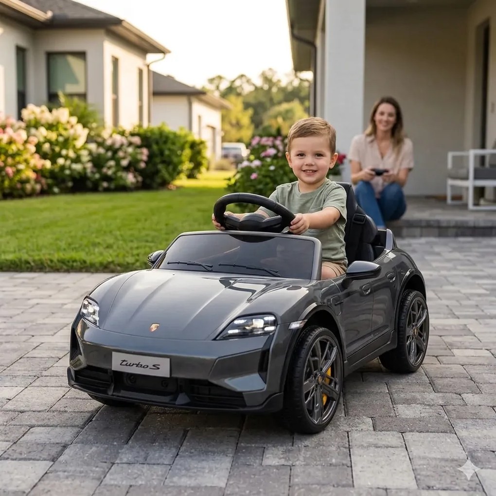 Macchina Elettrica per Bambini Porsche Taycan Turbo S 12V con Telecomando Bluetooth Luci LED e Tappetini Nero...