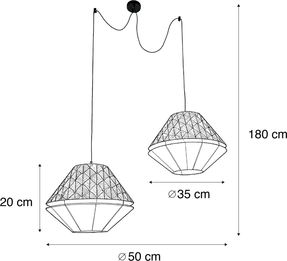 Lampada a sospensione nera con doppio paralume in velluto con motivo a foglie e beige a 2 luci - Cava Luxe