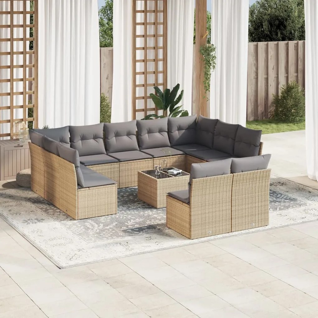 Set divani da giardino 12 pz con cuscini beige in polyrattan