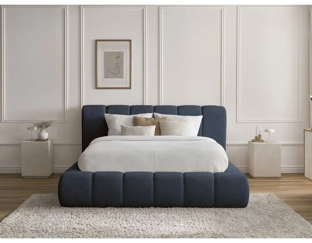 Letto matrimoniale imbottito blu scuro contenitore e rete inclusi 160x200 cm Denali - Bobochic Paris