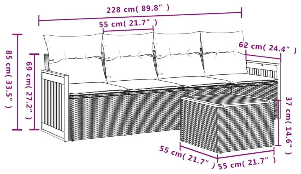 Set divani da giardino 5 pz con cuscini in polyrattan nero