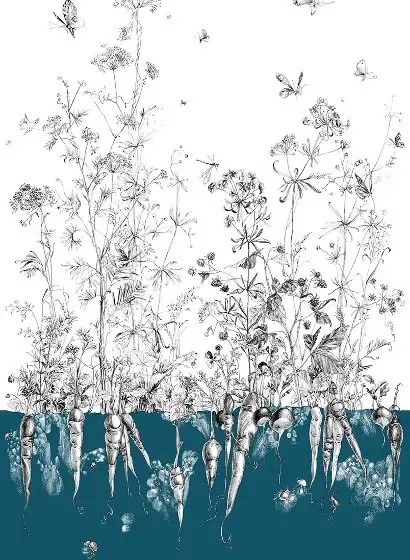 Edmond Petit Carta da parati Lièvres/Fenouil/Tournesol - Bleu - Fenouil Sauvage Gauche - Bleu