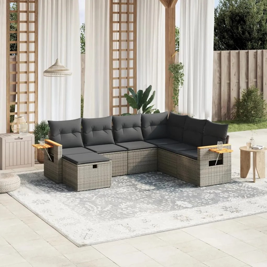 Set Divani da Giardino 7 pz con Cuscini Grigio in Polyrattan