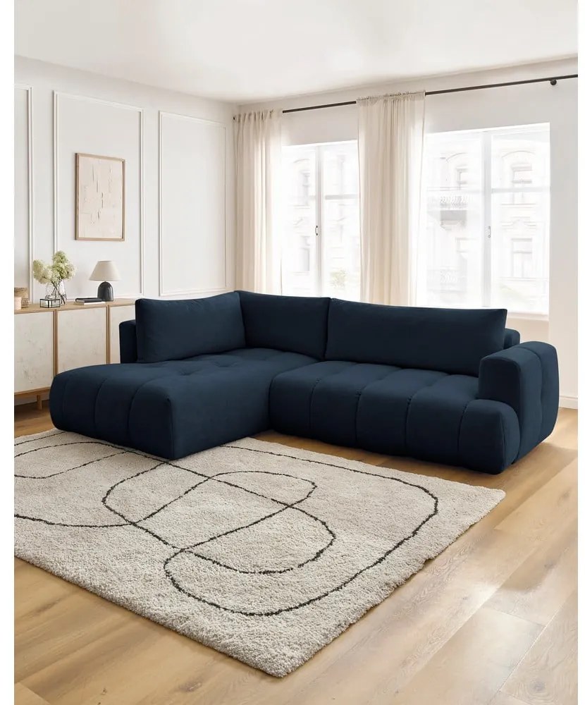 Divano angolare blu scuro allungabile e con contenitore (penisola a sinistra/a L) con rivestimento in ciniglia Fuji – Bobochic Paris