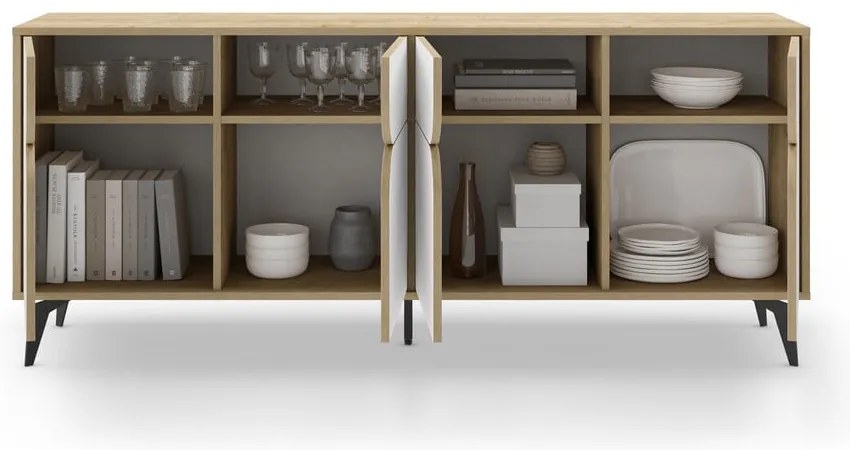 Cassettiera bassa in rovere decorata in bianco e naturale 185x79 cm Nola - Marckeric