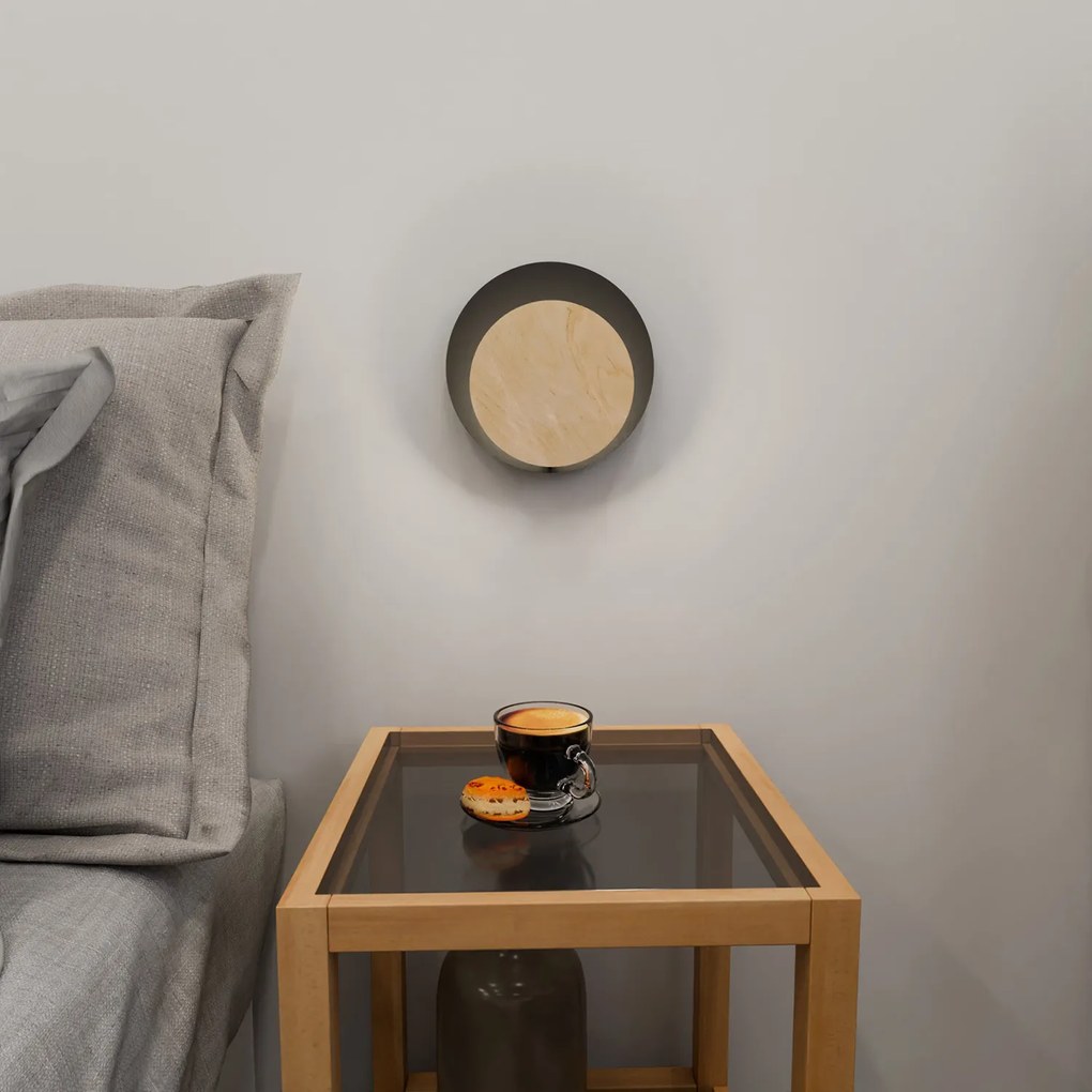 Applique 1 Luce A Disco Con Base In Acciaio Nero E Legno Naturale