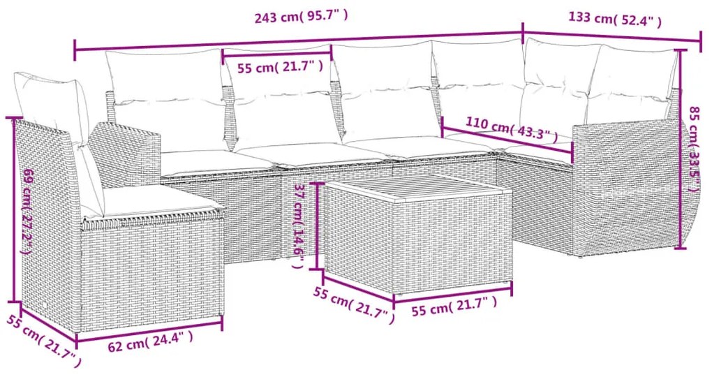 Set Divani da Giardino con Cuscini 7pz Nero Polyrattan