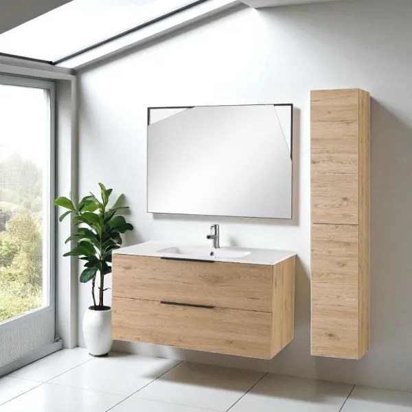 Mobile sospeso da bagno BALI 100 cm Quercia Naturale con specchio a LED