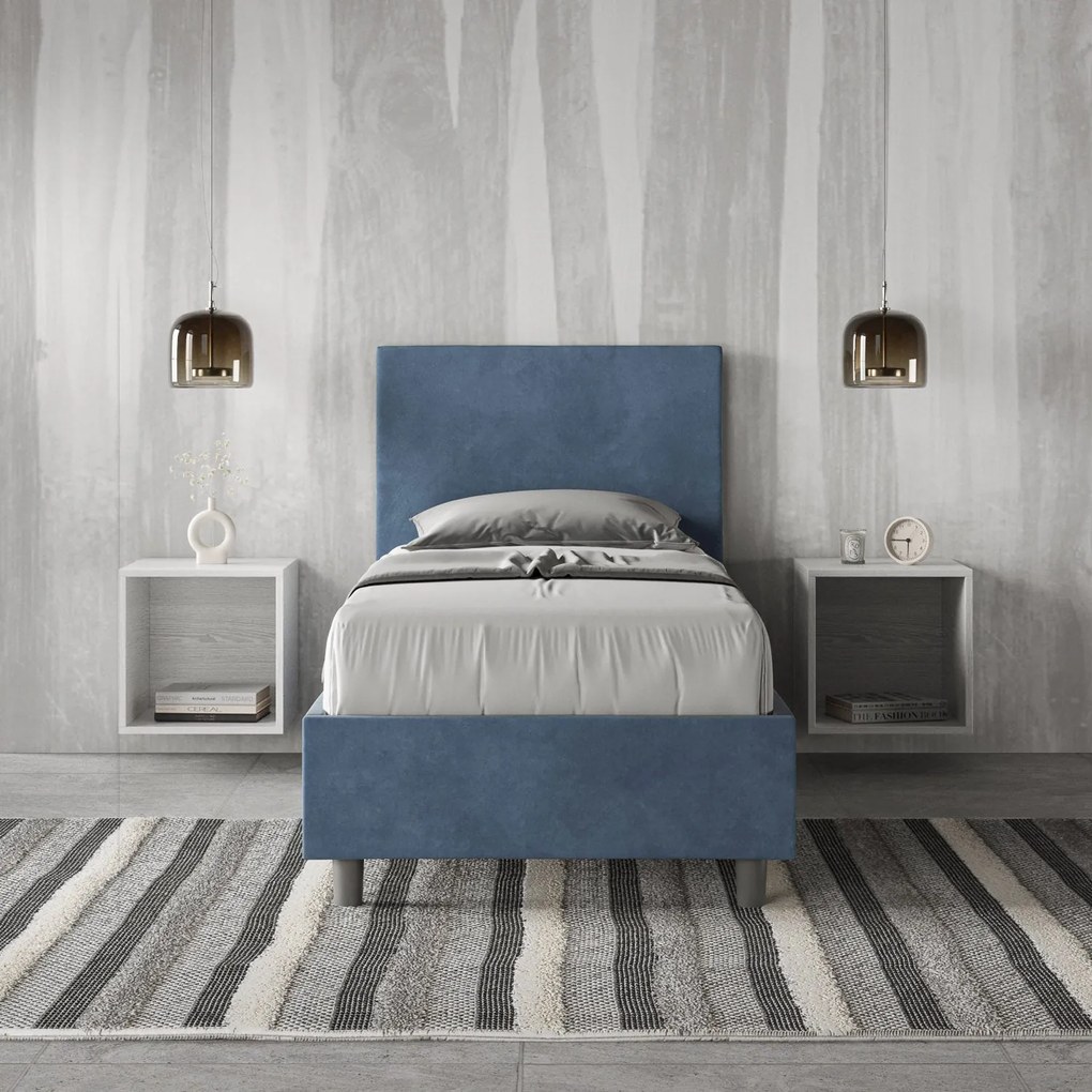Letto singolo imbottito 80x210 microfibra Adele senza rete, con rete, contenitore, Blu / Contenitore