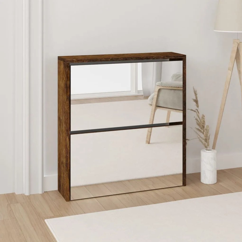 Scarpiera Con Specchio A 2 Livelli Rovere Fumo 63x17x67 Cm /