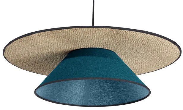 Lampada a sospensione in lino blu pavone e rafia naturale D55 cm AZAMI