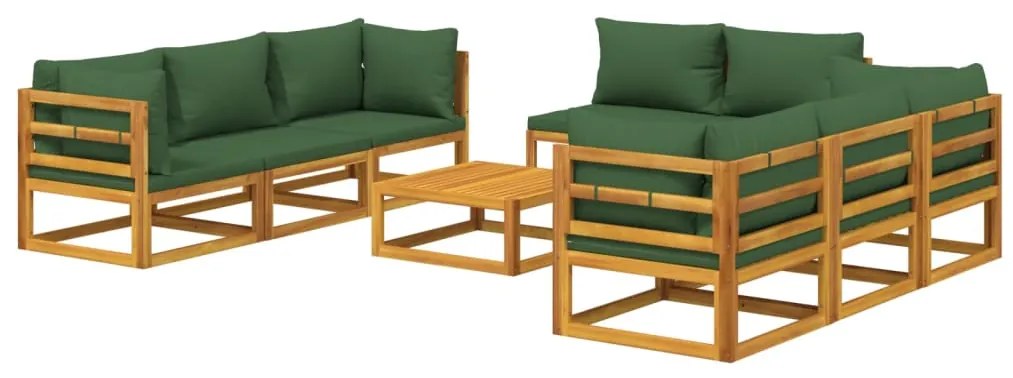 Set salotto da giardino 9pz con cuscini verdi in legno massello