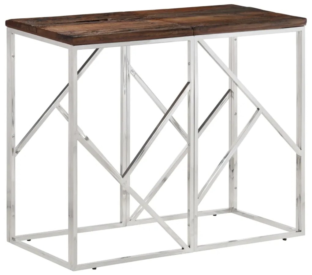 Tavolo Consolle Argento Acciaio Inox E Traverse Legno Massello /