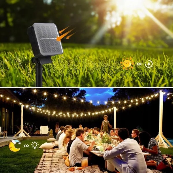 Catena luminosa solare a LED, 30 LED, 8 funzioni, 500 mAh, 10,6 m, IP67, bianco caldo