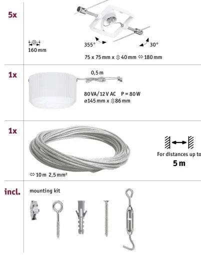 Paulmann 94134 - SET 5x GU5,3/10W Sistema a cavo completo MAC 230V bianco